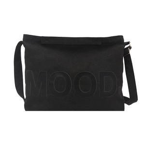 Large black canvas crossbody bag with MOOD letter print for women on white background