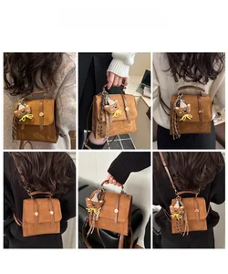 Brown faux suede backpack with cute bear pendant shown in multiple wearing styles