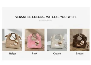 Detailansicht von Plüsch-Mini-Handtaschen in Braun, Rosa, Weiß und Kaffeebraun