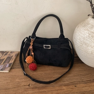 Women's Retro Minimalist Faux Suede Tote Bag Large Capacity Shoulder Handbag With Pompom Charm Solid Color Hobo Bag