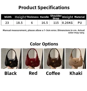 Detailed size specifications and color options for the half-moon PU leather crossbody bag