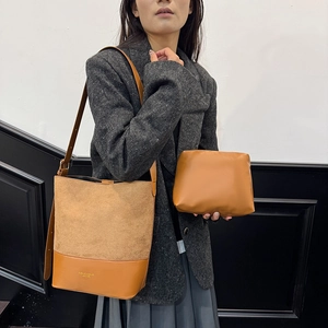 Retro camel bucket bag set with small pouch for women, elegant leather shoulder handbag
