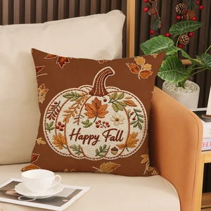 Embroidered Happy Fall pumpkin pillow cover on sofa with autumn home decor
