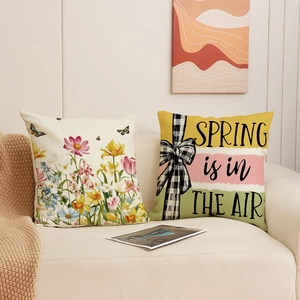 Nordic spring floral pillow covers with botanical prints and checkered ribbon design