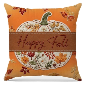Orange autumn pumpkin pillow cover with Happy Fall embroidery and maple leaf patterns