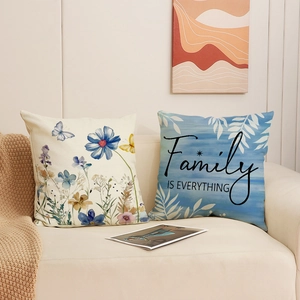 Linen decorative pillow covers with floral pattern and Family Is Everything quote text