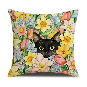Nordic floral cushion cover with black cat and spring flower watercolor print on white background