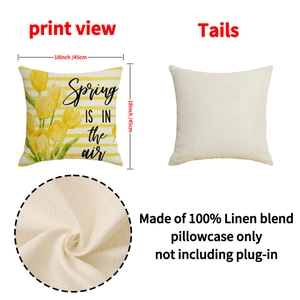 Spring linen throw pillow cover featuring yellow tulips and Spring Is In The Air text