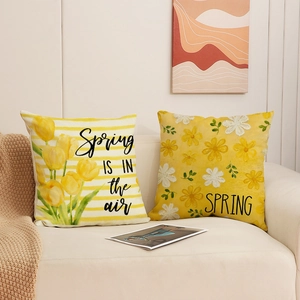 Spring theme linen throw pillow covers with yellow tulip and floral prints for sofa decor