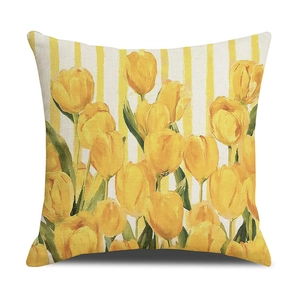 Spring linen throw pillow case with hand-painted yellow tulips and striped background