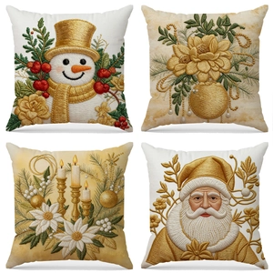 Taie d'Oreiller de Noël Brodée en Imitation Lin Père Noël Bonhomme de Neige Housse de Coussin Décorative Or pour Canapé