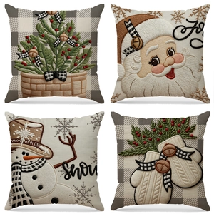 Christmas Embroidery Pillowcase Linen Blend Santa Snowman Pattern Square Decorative Cushion Cover For Sofa Living Room Decor