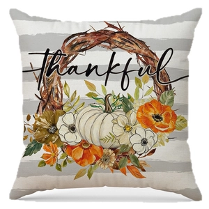 Fodera per cuscino autunnale con zucca e scritta Thankful per decorazione della casa
