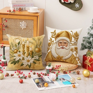 Housses de coussin de Noël en lin avec broderie dorée pour décoration de fête