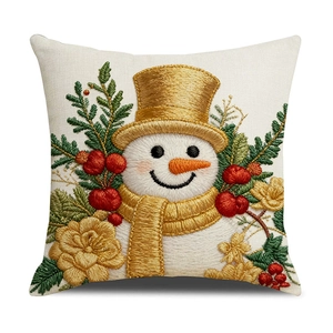 Housse de coussin de Noël bonhomme de neige avec broderie 3D sur lin pour décor de fête