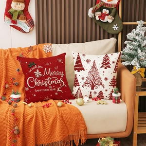 Christmas linen pillow covers with red reindeer print and white Xmas tree for sofa decor