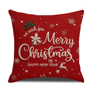 Red Christmas linen pillow cover with festive reindeer and snowflake prints