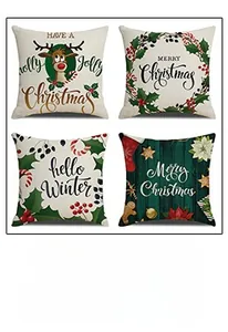 Detail view of four Christmas pillow covers with reindeer, wreath and gingerbread patterns