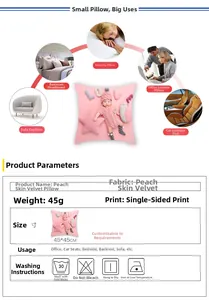 Pink peach skin pillowcase size chart with washing instructions and multi-scene usage