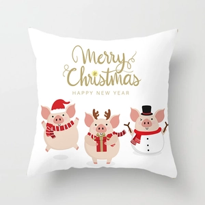 Nordic Christmas pillow cover with golden Merry Christmas text and cartoon festive pigs
