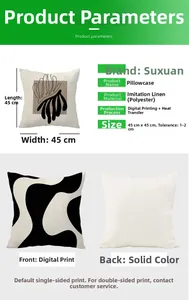Detail of 45x45cm faux linen cushion cover with black geometric prints and size chart
