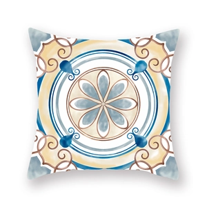 Square bohemian mandala cushion cover with blue floral pattern on white background