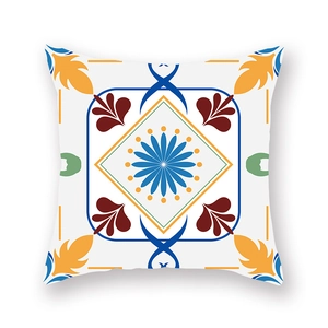Bohemian mandala square throw pillow cover with blue and orange geometric floral pattern