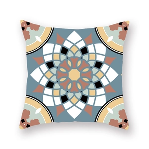 Blue and beige mandala print square cushion cover for sofa decoration on white background