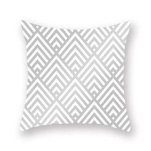 Close-up of grey and white geometric zigzag pattern on square peach skin pillowcase