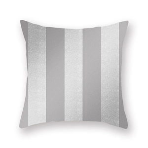 Close-up of square silver stripe pillowcase with glitter texture and grey peach skin fabric