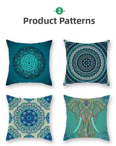 Detail view of four ethnic bohemian pillowcase patterns with mandalas and painted elephant