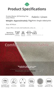 Detailed fabric macro and specifications table for linen floral print cushion covers