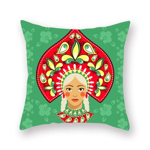 Ethnic Russian style square cushion cover with colorful folk art woman in Kokoshnik