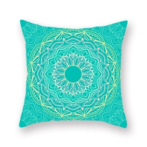Turquoise mandala bohemian throw pillow cover with yellow and pink floral patterns
