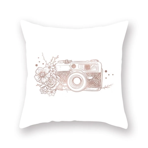 Detailed view of rose gold floral vintage camera print on white peach skin pillowcase