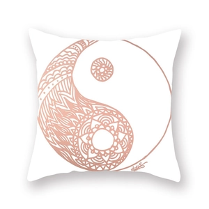Macro detail of rose gold mandala yin yang print on soft white square pillowcase