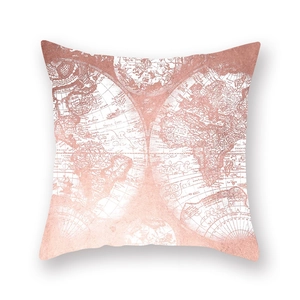 Macro view of vintage world map printed in rose gold on a white cushion cover texture