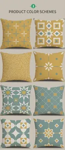 Detailed grid showing eight geometric patterns on linen cushion covers in yellow and teal