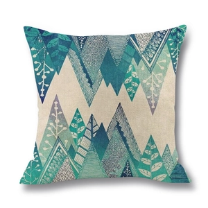 Linen ocean wave pillow cover with abstract geometric landscape and blue patterns