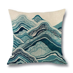 Square linen cushion cover with blue abstract ocean wave mountain digital print design