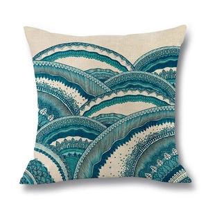 Linen ocean wave mandala square pillowcase with blue digital print on white background