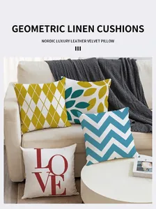 Close-up of linen cushion covers with Nordic geometric prints and LOVE letter design