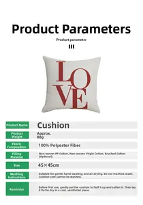 Funda de cojín de lino con estampado LOVE rojo, tamaño 45x45cm y peso de 80g