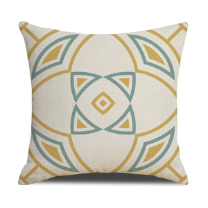 Nordic geometric linen pillowcase with yellow and blue abstract patterns on white background