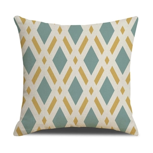 Nordic geometric linen pillowcase with blue and yellow diamond pattern on white background