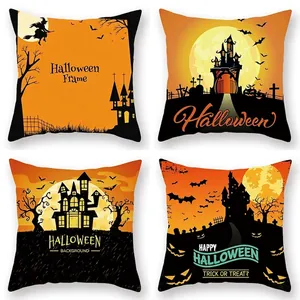 Set of four Halloween pumpkin castle pattern pillow covers in orange and black tones