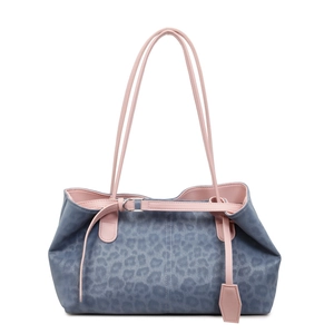 Large blue leopard print tote bag with pink straps and a minimalist retro fashion design