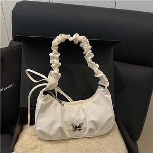Butterfly Metal Ornament Underarm Bag Ruched Pleated PU Leather Shoulder Handbag For Women Sweet Fashion Commute