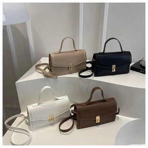 Minimalist square flap handbags in beige, black, white, and brown with gold metal locks