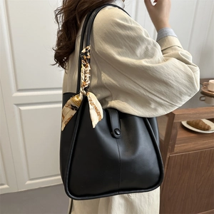 Large black PU leather tote bag with decorative silk scarf handle for daily commuting